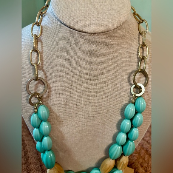 Chunky Link Statement Necklace & Matching Earring Set: Boho Gold + Aqua & Wood - Picture 7 of 11